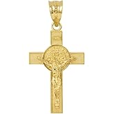 Solid 14k Yellow Gold St. Benedict Crucifix Cross Charm Pendant (1.30")