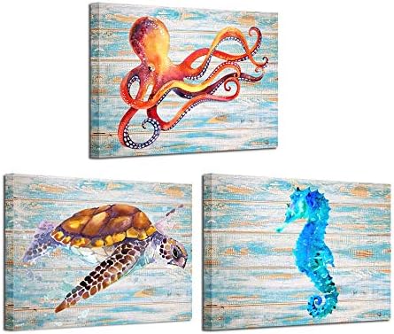 Kreative Arts 3 Pieces Canvas Prints Wall Art Octopus Turtle Blue Hippocampal Pictures On Vintage Wood Style Printed On Canvas Sea Animals Art Work For Living Room Kids Bathroom Walls 12x16inchx3pcs Amazon Ae