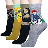 KONY Women's 4 Pack Cotton Art Painting Patterned Casual Novelty Crew Socks, Artist Masterpiece Design - One Size 6-9 (Painting 1 - 4 Pairs)