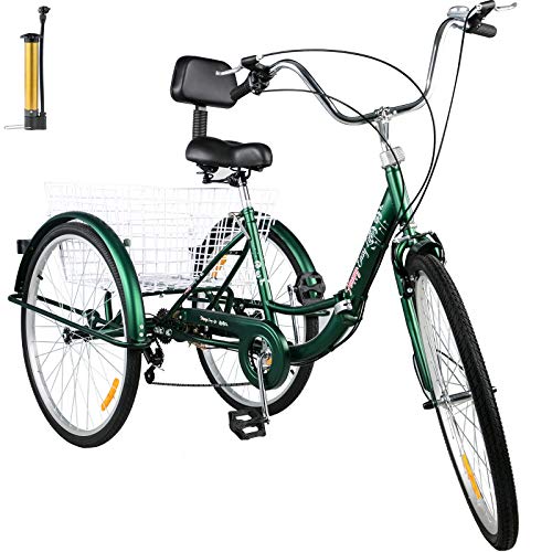 Bkisy Tricycle Adult 24” 7-Speed 3 Wheel Bikes for Adults Three Wheel Bike for Adults Adult Trike Adult Folding Tricycle Foldable Adult Tricycle 3 Wheel Bike Trike for Adults (Green)