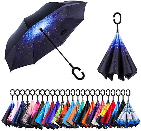 AmaGo Windproof Inverted Umbrella – UV Protection Double Layer Reverse Folding Long Self Standing Umbrella with C-Shape Handle for Car Rain Outdoor Travel(Galaxy)