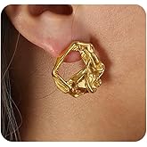 Gold Geometric Statement Drop Earrings for Women Chunky Hammered Textured Dangle Stud Earrings Irregular Hollow Earring Fashion Jewelry Accessories