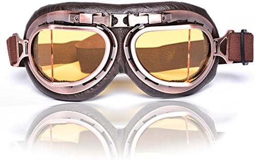 Eteanor Vintage Aviator Goggles WWII RAF German Retro Pilot Style Cafe Racer Motorcycle Off-Road ATV Scooter Cruiser Touring Half Open Face Helmet Snow Ski Steampunk Hat Glasses (Copper 08, Amber)