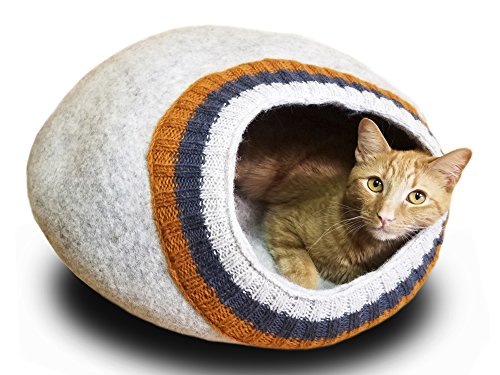 Meowfia Premium Felt Cat Cave (Large) - Eco-Friendly 100% Merino Wool Cat Bed - Soft and Comfy Beds for Large Cats and Kittens (Light Gray/Knitting)