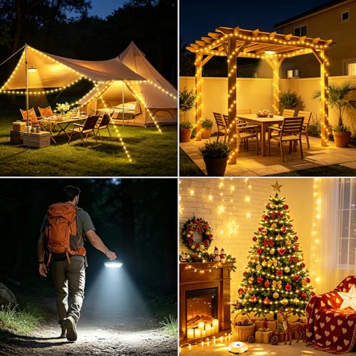 GAEEP Camping String Lights, 10M Retractable Fairy Lights with 7 Lighting Modes, USB Rechargeable 2-in-1 Camping Lantern and String Lights, Waterproof Tent Lights for Camping, Garden, Party