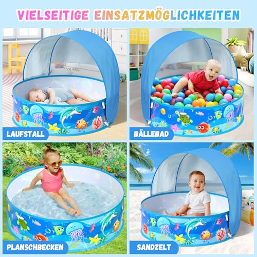 Baby Paddling Pool with Roof, Pop-Up Beach Shelter, Baby UV Protection 50+ with Storage Bag, 4-in-1 Portable Baby Pool with Sun Protection, Summer Must-Haves for Beach, Holiday, Camping and Picnic