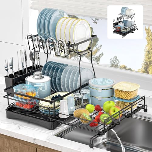 Photo 1 of 2 Tier Dish Drying Rack, Large Extendable Dish Racks for Kitchen Counter or Over Sink, Dishrack with Drainboard, 2-in-1 Anti-Rust Stainless Steel Dish Drainer with Utensil Holder & Cup Holder (Black)