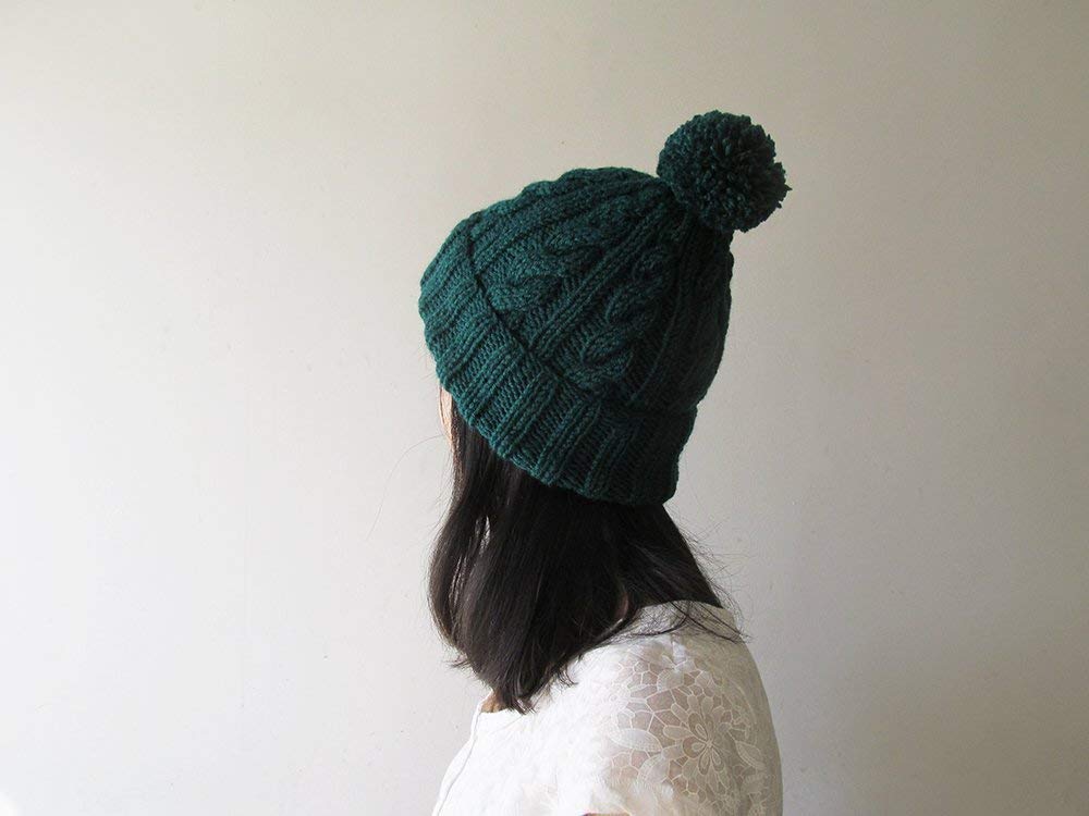 Cable Knit Hat in Dark Green, Womens Pom Pom hat, Hand Knit