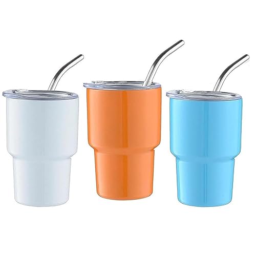 Pojedehy 3 Pack Mini Tumbler Cups Double Wall Tumbler Shot Glasses With Straw & Lid,2Oz (C)