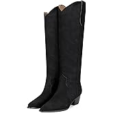 XBKXMK Suede Cowboy Boots for Women Pointed Toe Cowgirl Knee High Boots Chunky Heels Tall Boot Dressy Pull on Wide Calf Fashion Casual