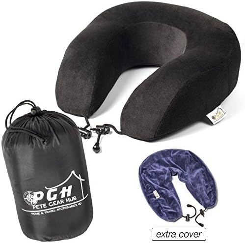 Travel Neck Pillow Memory Foam by PGH - Airplane, Car, Bus, Train Travel, Rest - Carry Pillow Case, Black Velour Pillow Cover - Extra Free Cover
