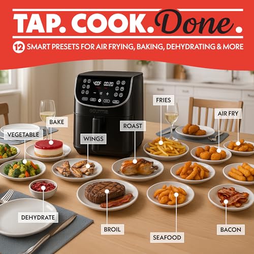 Gourmia Air Fryer Oven Pantalla digital 7 cuartos de galón AirFryer grande 12 ajustes preestablecidos de cocción táctil, cesta de freidora de aire XL 1700w de potencia Multifunción GAF716 Detalles en negro y acero inoxidable FRY FORCE 360°