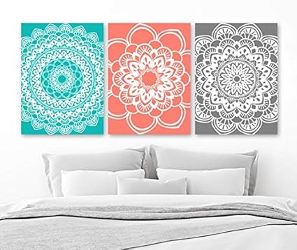 Amazon Com Mandala Wall Art Coral Gray Bathroom Decor
