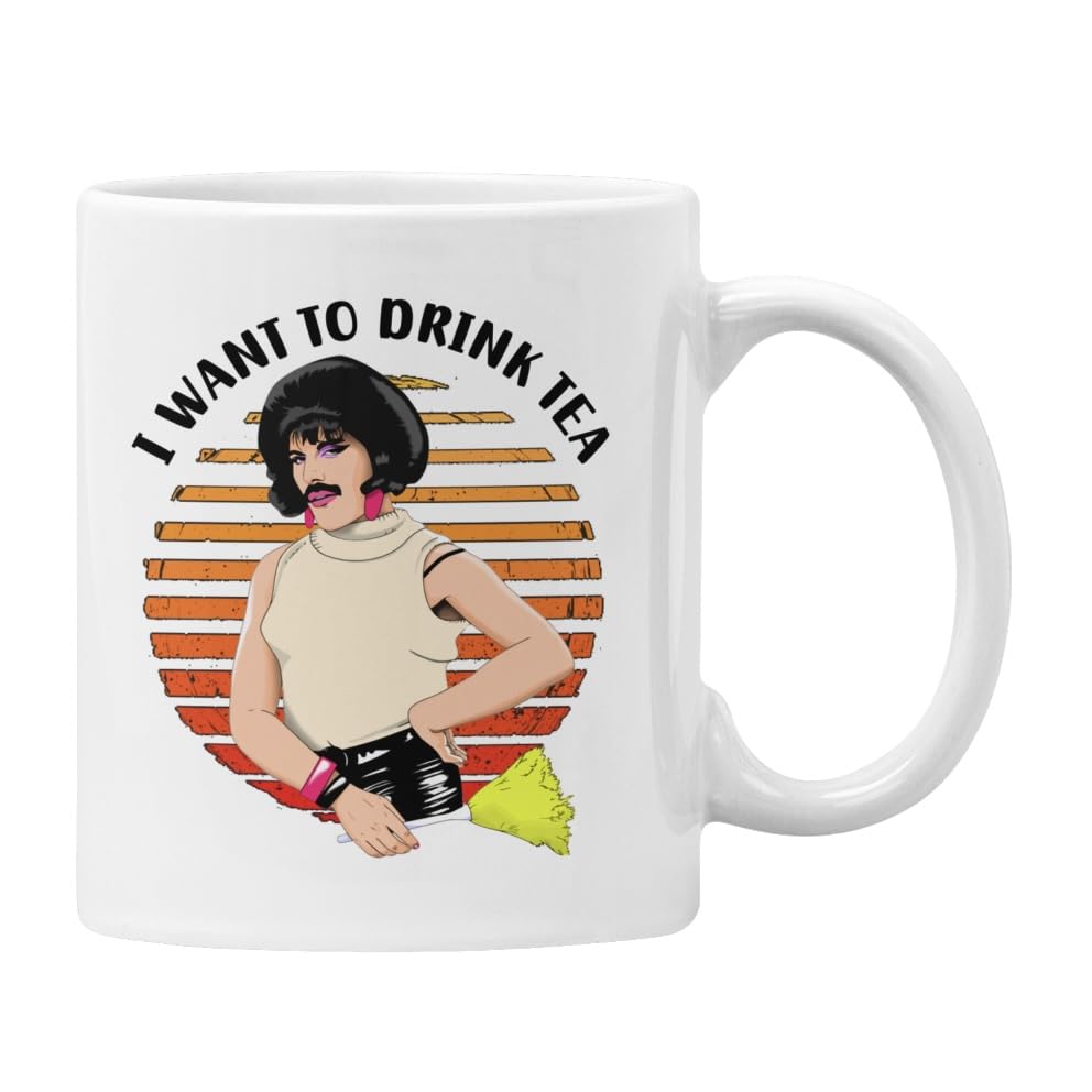Funny Mug Queen Freddy I Want to Drink Tea Retro Sunset (White, I Want to Drink Tea)