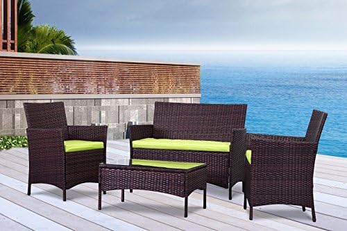 The French Riviera Collection - 4 Pc Outdoor Rattan Wicker Sofa Patio Furniture Set. Choice of Set &amp; Cushion Color (Mixed Brown / Lime Green Cushions)