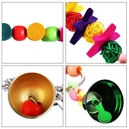 PINCHUANG Bird Swing Toys Bell Colorful Natural Wood Hammock Hanging Perch Small Medium Birds Parakeets Cockatiels Conures Macaws Parrots Love Birds Finches (Style 1-6pcs)