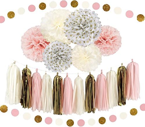 Ella Mint 20PCS Tissue Decoration Kit | Pretty Party Supplies: Pom Flowers, Garland &amp; Tassels | Pastel Pink, Cream &amp; Gold Polka Dot | Perfect poms for baby shower or girls first birthday!