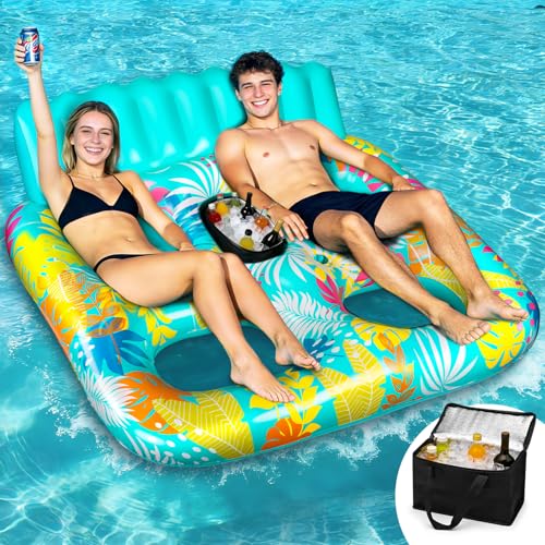 FORMIZON Inflatable Sea Mattress, 2 Seater Pool Mat, Tanning Pool Large Inflatable Tan with Ice Bar Thermal Bag Drink Holder and Cushion for Water Party