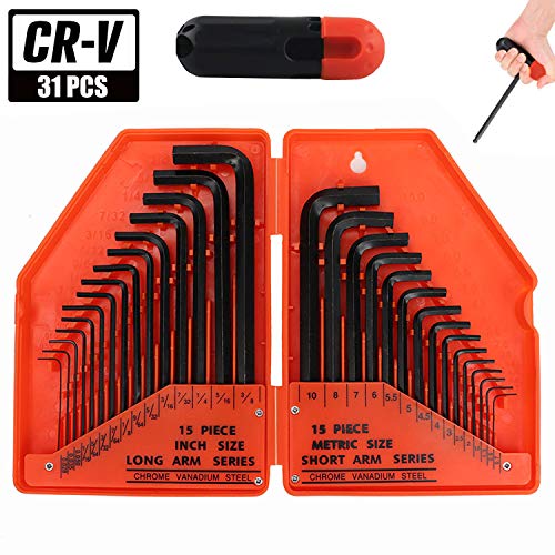 31 PCS Allen Hex Key Wrench Set Torque Rod with Helping T-handle Inch/Metric Long Arm 0.028"- 3/8" Short Arm 0.7-10mm with Portable Case URGENEX - Thumbnail 7