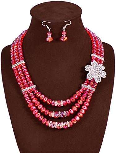 GBLXF Chain Crystal Beads Multi layer Nigerian National Style African Beads Necklace and Earring Set (Red)