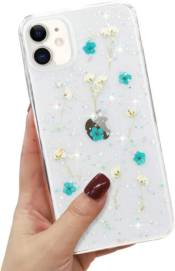 LFADNUT Dried Flower Phone Case for iPhone 11 Glitter Sparkly Star