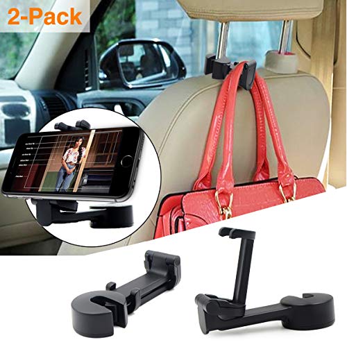 Jteman Car Headrest Hook Phone Holder with Universal Car Hook,2 in 1 Car Hook Mobile Phone Bracket for Hanging Bag, Purse,Cloth,Umbrella, Grocery - Set of 2 (Black)