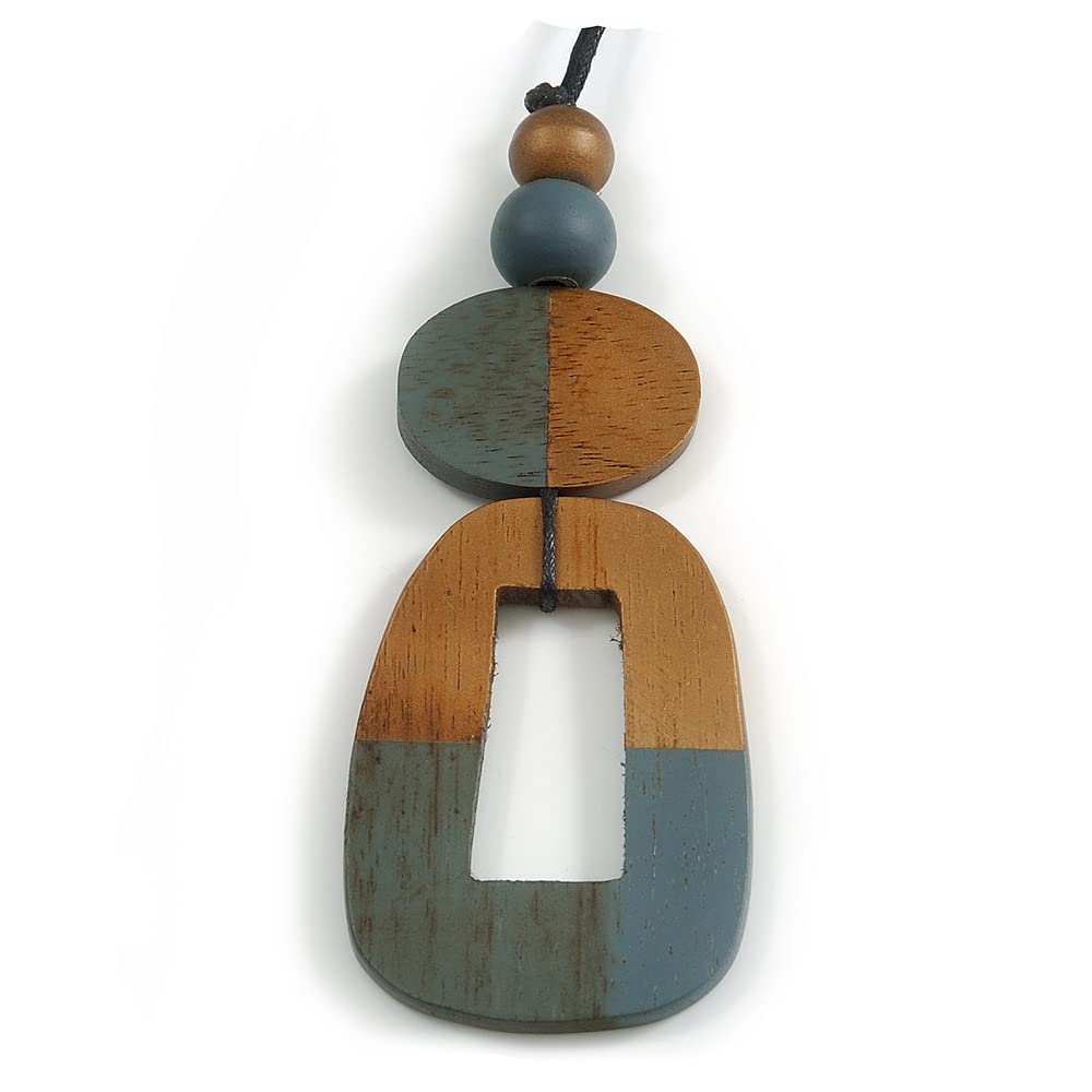 Avalaya O-Shape Bronze/Grey Painted Wood Pendant with Black Cotton Cord - 88cm L/ 13cm Pendant