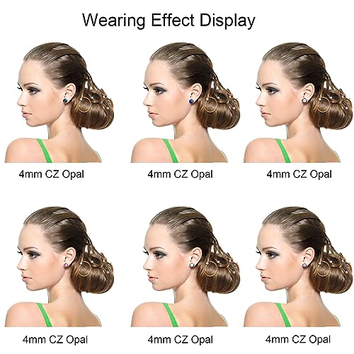 6 Pairs 18K Stud Earrings Set for Women Girls Men,Hypoallergenic 316L Surgical Steel Earring Set 16G 4mm CZ Opal Cartilage Hoop Nail Helix Tragus Stud Earrings Lip Labret Ring Piercing Jewelry(Silver)