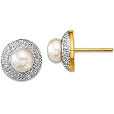 14k Yellow Gold Polished and Rhodium 6mm Freshwater Cultured Pearl And Diamond Post Earrings 10x10 Stud Earring for Women