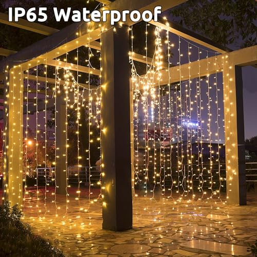 Cozymeow 600 LED 6 x 3 m Outdoor Waterfall Lights with Timer, 8 Waterproof Modes, Connectable Lights for Garden, Wedding, Gazebo, Parties, Balcony – Warm White