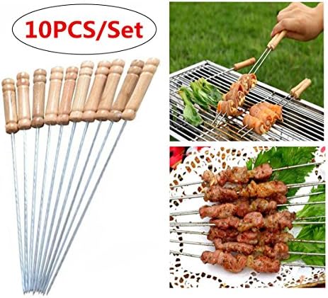 YUMMAYEE 10PCS/Set Outdoor Barbecue Skewers Stainless Steel Sticks Wooden Handle A
