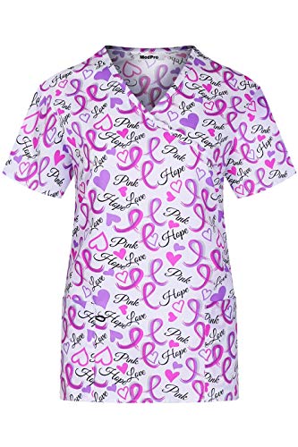 MedPro Women's Printed Short Sleeve Mock Wrap Medical Scrub Top Hot Pink M - Thumbnail 2