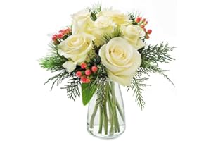 KaBloom PRIME NEXT DAY DELIVERY - Noel White Roses Accented with Red Berries and Seasonal Greens with Vase.Gift for Birthday, Sympathy, Anniversary, Thank You, Valentine, Mother’s Day Fresh Flowers