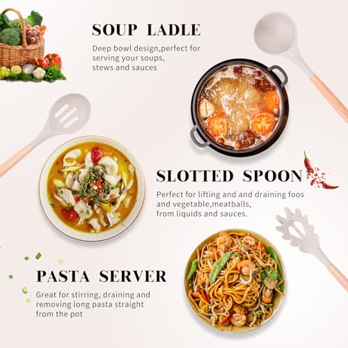 ARCHAEOPTERYX Kitchen Cooking Utensils Set, 46 pcs Non-Stick Silicone Cooking Kitchen Utensils Spatula Set with Holder, Wooden Handle Silicone Kitchen Heat Resistant Gadgets Utensil Set (Khaki)