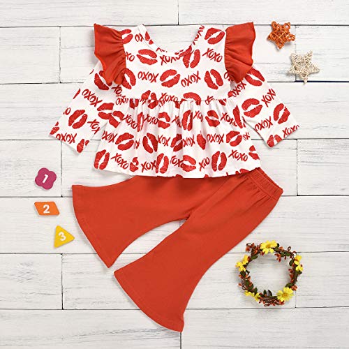 Valentine's Day Kids Little Toddler Baby Girls Outfit Heart Ruffled Dresses Shirt+Stripe Flares Pants 2Pc Clothes Set (Red, 12-18 Months)