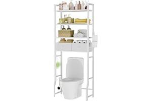 Simple Trending 4 Tier Over The Toilet Storage with Drawers, Heavy Duty Bathroom Stand Organizer Metal Shelves for Laundry, White
