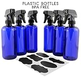 16oz Cobalt Blue PLASTIC Spray Bottles w/Heavy Duty Mist & Stream Sprayers and Chalkboard Labels (6-pack); PET #1 BPA-free, Use for Aromatherapy, DIY Cleaning, Kitchen, Hair Etc