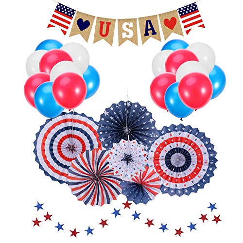 4th of July Decorations |Patriotic Decorations |American Independence Day |July 4th |Include 6pcs Paper Fans |30pcs Balloons |1pcs USA Letter Banner |Star Streamers 1pcs |Party Decor Supplies