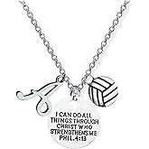 Personalized Volleyball Charm Necklace with Letter Charm, Christian Faith Charm Pendant, I Can Do All Things Through Christ Who Strengthens Me Phil. 4:13 Scripture Jewelry