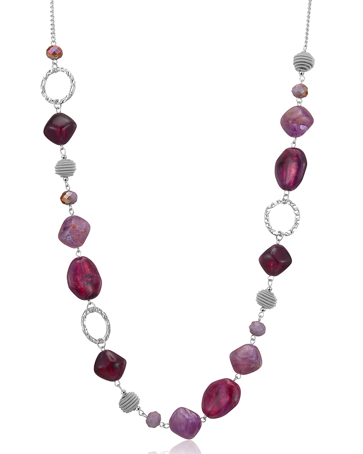 BULINLIN Beaded Long Silver Necklaces for Women, Handmade Statement Sweater Chain Necklace with Crystal Beads for Fashion Jewelry gifts(Dark light purple)