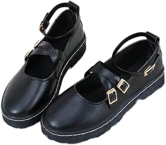 Amazon Merryco クロスストラップ パンプス おじ靴 レディース 可愛い ロリータ靴 アンクルストラップ ローヒール 4cm 厚底 ガーリー 女の子 女子高生 Jk ラウンドトゥ 甲高 幅広 痛くない 歩きやすい 黒 ブラック Merryco パンプス