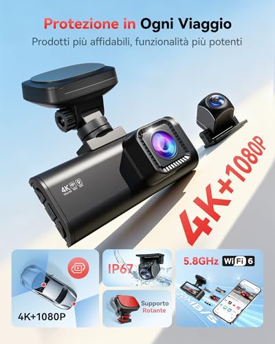 REDTIGER F7N-N Dash Cam Auto 4K Fronte e Retro, WiFi 5.8GHz 20MB/s con APP, Dashcam 2160P/FHD GPS Preciso, WDR, Schermo 3.18", Visione Notturna, Monitor Parcheggio 24H (Senza Scheda)