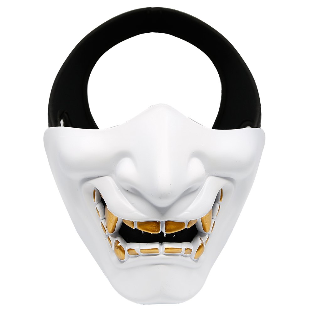 Airsoft Half Face Masks, Evil Demon Monster Kabuki Samurai Hannya Oni Half Face Protective Masks for Masquerade Ball, Party, Halloween, Cs War Game, BB Gun (White)