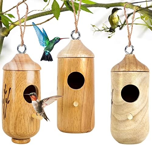 Backyard Birding & Wildlife - Humming Bird Houses for Outside Hanging Wooden Hummingbird Nest for Garden 3Pack