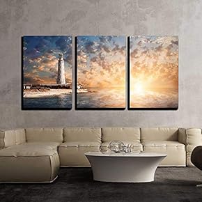 3 Piece Canvas Wall Art - Lighthouse and Beautiful Sunset - Modern Home Art Stretched and Framed Ready to Hang - 16"x24"x3 Panels
