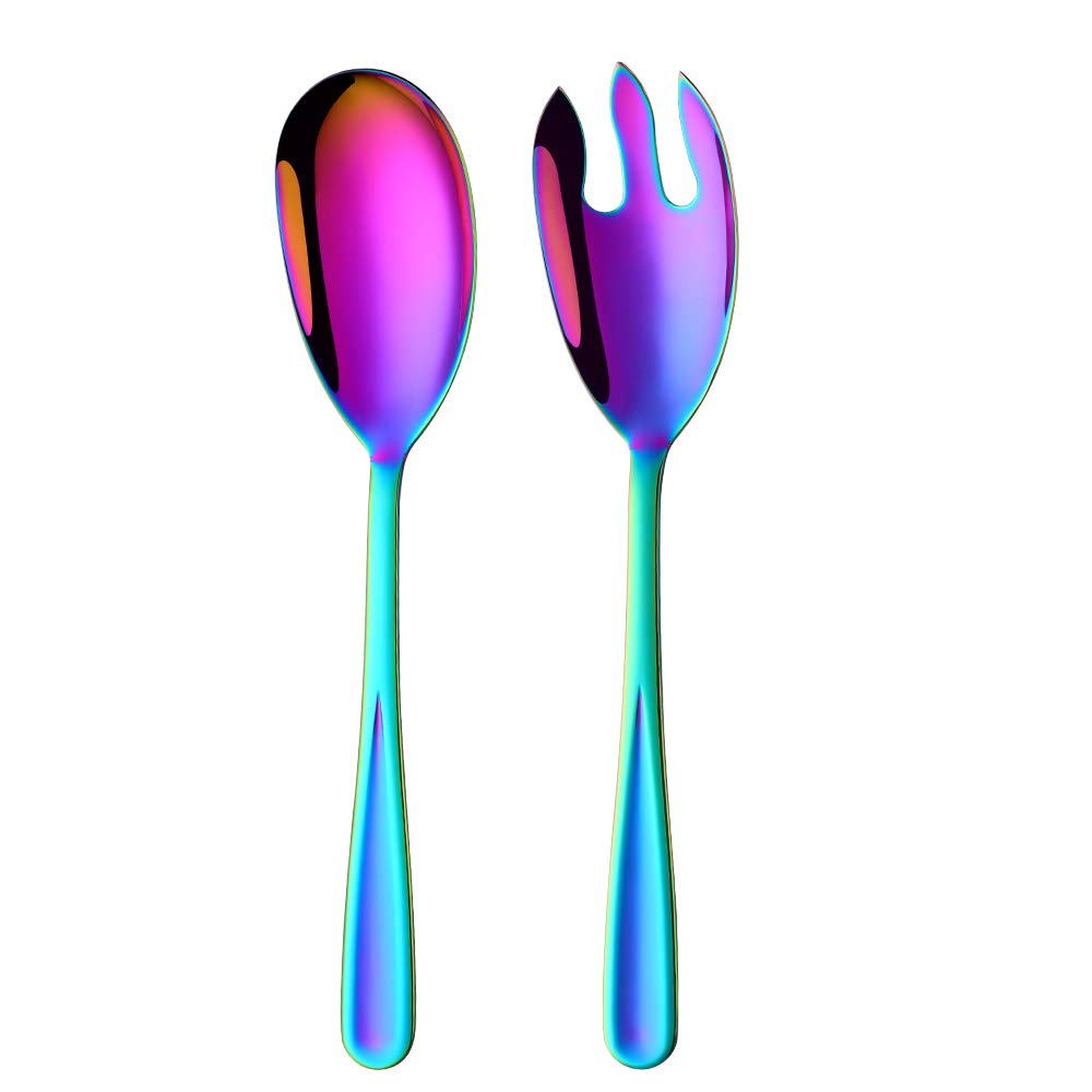 BISDARUN Salad Spoon and Fork Set Stainless Steel Salad Servers Set of 2, Rainbow Large Serving Spoon and Fork 30.5 cm/12 inches Length