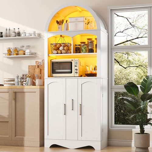 kepptory 75”Arched Pantry Cabinets with Microwave Shelf, Tall Kitchen Pantry St…