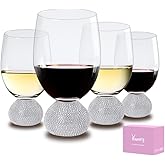 Wine Glasses Set of 4,Stemless Wine Glass,Unbreakable Crystal Fancy Glasses,15 Oz Short Handle Red/White Glasses,Unique Wine Gifts for Women,for Home Bar, Party, Birthday (Silver Clear)