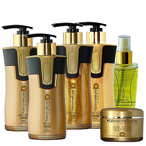 Keratin Cure Best Treatment Gold and Honey Bio 10 Oz 6 Pieces Silky Soft Hair Formaldehyde Free Professional Complex with Argan Oil Nourishing Straightening Damaged Dry Frizzy Coarse Curly Wavy Hair