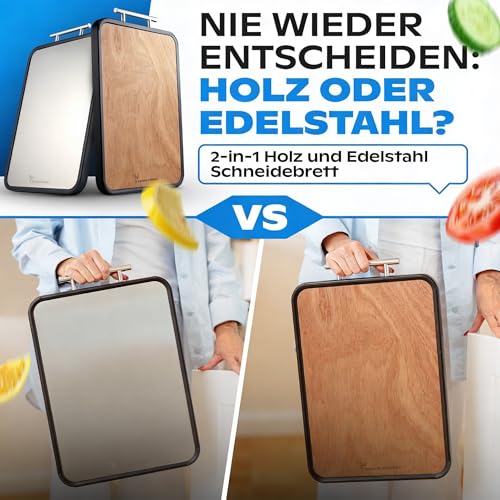 Double Sided Chopping Board Wood & Stainless Steel - 2-in-1 Kitchen Board | Non-Slip Cutting Board, Large with Juice Groove & Non-Slip Frame | Schneidewerk